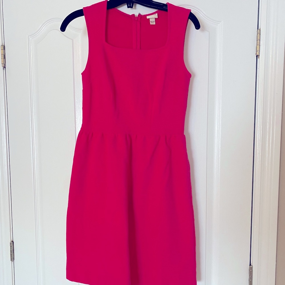 Square Neck Hot Pink Ribbed Fit and Flare Dress with Pockets